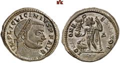 RÖMISCHE MÜNZEN MÜNZEN DER RÖMISCHEN KAISERZEIT. Licinius I., 308-324. Æ-Follis, 318/320, Siscia, 1. Offizin; 5,59 g. Kopf r. mit Lorbeerkranz//Jupiter steht l. mit Blitz und Zepter, davor steht Adler