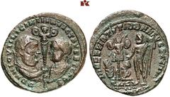 RÖMISCHE MÜNZEN MÜNZEN DER RÖMISCHEN KAISERZEIT. Licinius I., 308-324. - und Licinius II. Æ-Follis, 317/318, Antiochia, Offizin unleserlich; 3,43 g. DD NN IOVII LICINII INVICT AVG ET CAES Beider Büste