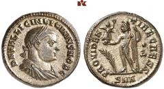 RÖMISCHE MÜNZEN MÜNZEN DER RÖMISCHEN KAISERZEIT. Licinius I., 308-324. - für Licinius II. Æ-Follis, 317/320, Nicomedia, 4. Offizin; 3,42 g. Drapierte Büste r. mit Lorbeerkranz//Jupiter steht l. mit Vi