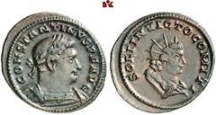 RÖMISCHE MÜNZEN MÜNZEN DER RÖMISCHEN KAISERZEIT. Constantinus I., 306-337. Æ-Follis, 310/313, Treveri; 3,88 g. Gepanzerte Büste r. mit Lorbeerkranz//Drapierte Büste des Sol r. Dazu: Æ-Follis, 307, Car
