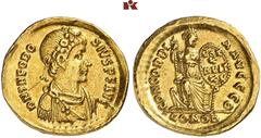 RÖMISCHE MÜNZEN MÜNZEN DER RÖMISCHEN KAISERZEIT. Theodosius I., 379-395. AV-Solidus, 383/388, Constantinopolis, 9. Offizin; 4,29 g. Drapierte Büste r. mit Perldiadem//Constan- tinopolis sitzt v. v. mi