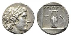 GRIECHISCHE MÜNZEN LYCIA TLOS. Õ-Drachme, 167/100 v. Chr.; 2,77 g. Apollokopf r. mit Lorbeerkranz, über der Schulter Bogen und Köcher//In Incusum: Lyra. Babelon, Traité 10. Feine Tönung, fast vorzügli