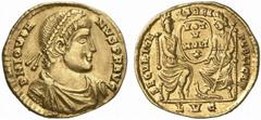 RÖMISCHE MÜNZEN (ROMAN COINS) MÜNZEN DER RÖMISCHEN KAISERZEIT Jovianus, 363-364. AV-Solidus, Lugdunum; 4.29 g. Drapierte Büste r. mit Perldiadem//Roma und Constantinopolis sitzen v. v. und halten Schi