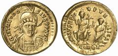 RÖMISCHE MÜNZEN (ROMAN COINS) MÜNZEN DER RÖMISCHEN KAISERZEIT Theodosius II., 408-450. AV-Solidus, 425, Constantinopolis; 4.30 g. Gepanzerte Büste v. v. mit Helm, Speer und Schild//Theodosius sitzt v.
