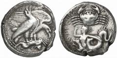 GRIECHISCHE MÜNZEN (GREEK COINS) SICILIA AKRAGAS. AR-Tetradrachme, 420/415 v. Chr.; 16.64 g. Zwei Adler r. auf Hasen//Krebs, darunter schwimmt Skylla l. Rizzo Tav. II, 20; Seltman, The Engravers of th