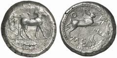 GRIECHISCHE MÜNZEN (GREEK COINS) SICILIA MESSANA. AR-Tetradrachme, 478/476 v. Chr.; 17.29 g. Maultierbiga r., im Abschnitt Olivenblatt//Hase r. Caltabiano 54. Sehr schön + Der Hase erscheint auf den M