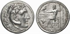 GRIECHISCHE MÜNZEN (GREEK COINS) CARIA RHODOS. AR-Tetradrachme (Alexandreier), 205/190 v. Chr., Magistrat Damatrios; 17,05 g. Herakleskopf im Löwenfell r.//Zeus Aetophoros sitzt l., davor Rose. Ashton