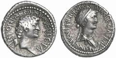 RÖMISCHE MÜNZEN (ROMAN COINS) IMPERATORISCHE PRÄGUNGEN Marcus Antonius, † 30 v. Chr. und Kleopatra. AR-Denar, 34 v. Chr., Alexandria; 3.78 g. Kopf r., dahinter armenische Tiara//Drapierte Büste r. mit