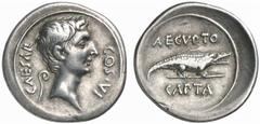 RÖMISCHE MÜNZEN (ROMAN COINS) MÜNZEN DER RÖMISCHEN KAISERZEIT Augustus, 30 v.-14 n. Chr. AR-Denar, 28 v. Chr., italische Münzstätte; 3.87 g. Kopf r., dahinter Lituus//AEGYPTO/CAPTA Krokodil r. BMC 650
