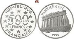 SAMMLUNG FRANKREICH /MONNAIES FRANÇAISES FÜNFTE REPUBLIK (CINQIÈME RÉPUBLIQUE). 5. Republik seit 1958. 500 Francs (75 Ecus) 1995. Parthenon auf der Akropolis in Athen. 19,98 g Feinplatin. Fb. 630 a; G