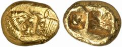 GRIECHISCHE MÜNZEN (GREEK COINS) LYDIA LYDIA Kroisos, 561-546 v. Chr. AV-Stater (leichter Standard), Sardeis; 8.03 g. Löwen- und Stierprotome einander gegenüber//Zwei Incusa. SNG v. Aulock 2875. RR At