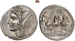 GRIECHISCHE MÜNZEN SICILIA. MORGANTINA. Sikelioten. AR-8 Litren, 214/212 v. Chr.; 6,85 g. Korekopf l. mit Ährenkranz und Schleier, dahinter Blatt//Nike in Quadriga r. Burnett, Enna Hoard Pl. 5, 110; S