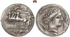 GRIECHISCHE MÜNZEN SICILIA. PANORMOS. AR-Tetradrachme, 370/360 v. Chr.; 17,14 g. Quadriga l., Nike bekränzt Lenker//Arethusakopf r., von vier Delphinen umgeben. Jenkins I, 50. Herrliche Patina, gutes 