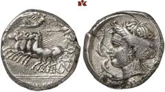 GRIECHISCHE MÜNZEN SICILIA. PUNIER. AR-Tetradrachme, 350/300 v. Chr., Rasch Melqart (= Kephaloidion ?); 16,47 g. Quadriga l., Nike bekränzt Lenker//Weiblicher Kopf l., von drei Delphinen umgeben. Jenk