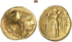 GRIECHISCHE MÜNZEN MACEDONIA. KÖNIGREICH. Alexander III., 336-323 v. Chr. AV-Stater, 330/320 v. Chr., Amphipolis; 8,56 g. Athenakopf r.//Nike steht l. mit Kranz und Stylis, davor Kantharos. Price 168.