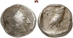 GRIECHISCHE MÜNZEN ATTICA. ATHEN. AR-Tetradrachme, vor 500 v. Chr.; 17,11 g. Athenakopf r. mit attischem Helm//In Incusum: Eule r., dahinter Olivenzweig. Seltman Gruppe H, vergl. 303 (Avers stempelgle