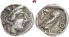 GRIECHISCHE MÜNZEN ATTICA. ATHEN. AR-Tetradrachme, um 420/405 v. Chr.; 17,08 g. Athenakopf r. mit attischem Helm//In Incusum: Eule r., dahinter Olivenzweig und Mondsichel. Flament Gruppe III. Prüfeinh