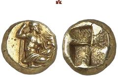 GRIECHISCHE MÜNZEN MYSIA. KYZIKOS. El-1/12 Stater, 5./4. Jahrhundert v. Chr.; 1,27 g. Halbnackter bärtiger Mann kniet r. mit phrygischer Kappe und Zepter, darunter Thunfisch//Viergeteiltes Incusum. Hu