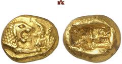 GRIECHISCHE MÜNZEN LYDIA. Kroisos, 561-546 v. Chr. AV-1/3 Stater (leichter Standard), Sardeis; 2,68 g. Löwen- und Stierprotome einander gegenüber//Zwei Incusa. SNG v. Aulock 8212. Winz. Kratzer, fast 