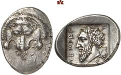 GRIECHISCHE MÜNZEN LYCIA. Mithrapata. AR-Stater, 380/360 v. Chr.; 9,90 g. Löwenprotome v. v., unten Triskelis//In Incusum: Bärtiger Kopf l., dahinter Triskelis. Mildenberg, Vestigia Leonis Tf. XXXIV, 