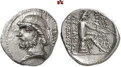 GRIECHISCHE MÜNZEN PARTHIA. Phraates II., 132-127 v. Chr. AR-Drachme, um 127 v. Chr., Tambrax; 4,03 g. Kopf l. mit Diadem, dahinter TAM//Arsakes sitzt r. mit Bogen. Sellwood 16.11; Shore 50. Feine Pat