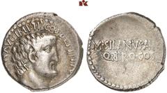 RÖMISCHE MÜNZEN IMPERATORISCHE PRÄGUNGEN. Marcus Antonius, † 30 v. Chr. AR-Denar, 32 v. Chr., Athen, M. Iunius Silanus; 3,78 g. Kopf r.//Schrift in zwei Zeilen. Bab. 97; BMC 175; Crawf. 542/1; Sear 34