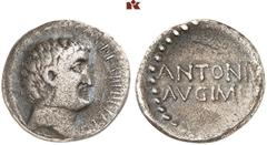 RÖMISCHE MÜNZEN IMPERATORISCHE PRÄGUNGEN. Marcus Antonius, † 30 v. Chr. AR-Denar, 32 v. Chr., Athen; 3,35 g. Kopf r.//ANTONIVS/AVG IMP III. Bab. 96; BMC 177; Crawf. 542/2; Sear 347; Syd. 1209. Prägesc