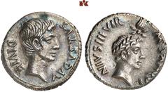 RÖMISCHE MÜNZEN MÜNZEN DER RÖMISCHEN KAISERZEIT. Augustus, 30 v.-14 n. Chr. - und Divus Julius Caesar. AR-Denar, 17 v. Chr., Rom, M. Sanquinius; 3,47 g. Kopf r.//Kopf des Divus Julius Caesar r. mit Lo