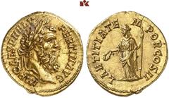 RÖMISCHE MÜNZEN MÜNZEN DER RÖMISCHEN KAISERZEIT. Pertinax, 193. AV-Aureus, Rom; 7,26 g. Kopf r. mit Lorbeerkranz//Laetitia steht l. mit Kranz und Zepter. BMC 7; Calicó 2383; Coh. 29; RIC 4 a. RR Vorzü