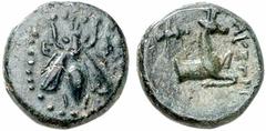 GRIECHISCHE MÜNZEN (GREEK COINS) IONIA IONIA EPHESOS. Æs, um 200 v. Chr.; 1.61 g. Magistrat Kaystrios; 1,62 g. Biene//Hirschprotome r., oben Köcher. Kinns, The Attic Weight Drachms of Ephesus: A Preli