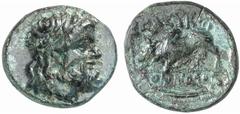GRIECHISCHE MÜNZEN (GREEK COINS) LYDIA LYDIA TRALLES ALS SELEUKEIA. Æs, 3. Jahrhundert v. Chr., Magistrat Athenodoros (?); 2,11 g. Zeuskopf r. mit Lorbeerkranz//In Mäander: Zebustier l. BMC -; SNG Mün