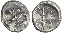 GRIECHISCHE MÜNZEN (GREEK COINS) PELOPONNESUS PELOPONNESUS ELIS. OLYMPIA. AR-Drachme, 245/210 v. Chr.; 4.79 g. Adler r. auf Hasen//Blitz. BMC -; Slg. BCD 262 (dies Exemplar). Feine Tönung, fast vorzüg
