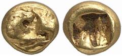 GRIECHISCHE MÜNZEN (GREEK COINS) LYDIA LYDIA Kroisos, 561-546 v. Chr. AV-1/12 Stater (schwerer Standard), Sardeis; 0.89 g. Löwen- und Stierprotome einander gegenüber//Incusum. SNG München vergl. 9; SN