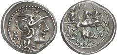 RÖMISCHE MÜNZEN (ROMAN COINS) MÜNZEN DER RÖMISCHEN REPUBLIK MÜNZEN DER RÖMISCHEN REPUBLIK AR-Denar, 128 v. Chr., Rom, L. Caecilius Metellus Diadematus (?); 3,78 g. Romakopf r. mit geflügeltem Helm//Gö