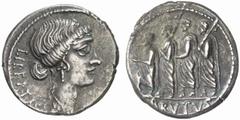 RÖMISCHE MÜNZEN (ROMAN COINS) MÜNZEN DER RÖMISCHEN REPUBLIK MÜNZEN DER RÖMISCHEN REPUBLIK AR-Denar, 54 v. Chr., Rom, M. Junius Brutus; 4,13 g. Libertasbüste r.//Der Konsul L. Junius Brutus geht zwisch