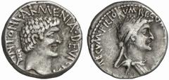 RÖMISCHE MÜNZEN (ROMAN COINS) IMPERATORISCHE PRÄGUNGEN IMPERATORISCHE PRÄGUNGEN Marcus Antonius, † 30 v. Chr. und Kleopatra. AR-Denar, 34 v. Chr., Alexandria; 3.62 g. Kopf r., dahinter armenische Tiar