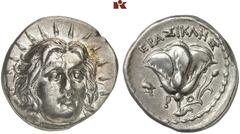 DIE SAMMLUNG DR. W.R., TEIL 4 ASIA MINOR UND CYPRUS (SLG. DR. W. R.: ROMA UNIVERSA, GRIECHEN III). CARIA. RHODOS. AR-Didrachme, 250/230 v. Chr., Magistrat Erasikles; 6,77 g. Helioskopf fast v. v.//Ros