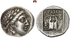 DIE SAMMLUNG DR. W.R., TEIL 4 ASIA MINOR UND CYPRUS (SLG. DR. W. R.: ROMA UNIVERSA, GRIECHEN III). LYCIA. KYANEIA. AR-Drachme, 167/81 v. Chr.; 3,00 g. Apollokopf r. mit Lorbeerkranz//In Incusum: Lyra,