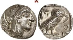 GRIECHISCHE MÜNZEN ATTICA. ATHEN. AR-Tetradrachme, um 420/405 v. Chr.; 16,97 g. Athenakopf r. mit attischem Helm//In Incusum: Eule r., dahinter Olivenzweig und Mondsichel. Flament Gruppe III. Herrlich