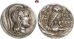 GRIECHISCHE MÜNZEN ATTICA. ATHEN. AR-Tetradrachme, Munychion (= April/Mai) 134 v. Chr.; 17,08 g. Athenakopf r. mit attischem Helm, Greif als Helmzier//In Kranz: Eule auf Amphore mit Κ v. v., l. Asklep