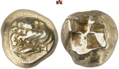 GRIECHISCHE MÜNZEN MYSIA. KYZIKOS. El-Stater, 550/500 v. Chr.; 16,02 g. Geflügelte Stierprotome l.//Viergeteiltes Incusum. SNG France -, vergl. 191 (Hemihekte); v. Fritze 60. R Doppelschlag, sehr schö