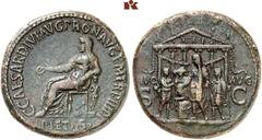 RÖMISCHE MÜNZEN MÜNZEN DER RÖMISCHEN KAISERZEIT. Gaius Caligula, 37-41. Æ-Sesterz, 37/38, Rom; 28,22 g. Pietas sitzt l. mit Patera, den Ellbogen auf Statue gestützt//Sechssäuliger Tempel des Divus Aug