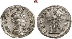 RÖMISCHE MÜNZEN MÜNZEN DER RÖMISCHEN KAISERZEIT. Antoninus IV. Elagabal, 218-222. - für Julia Maesa. AR-Denar, Rom; 3,47 g. Drapierte Büste r.//Fecunditas steht l. mit Füllhorn und hält die Hand über 