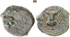 THE SAMEL COLLECTION OF JEWISH COINS AND MEDALS Roman praefecti, 6-66. Valerius Gratus, 15-26. Æ-Prutah, year 4 (=17), JerusalemEE; 1,82 g. [TIBERIO]Y vine branch with big leaf, a small bunch of grape