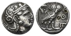 GRIECHISCHE MÜNZEN ATTICA, ATHEN. AR-Tetradrachme, um 350/295 v. Chr.; 16,88 g. Athenakopf r. mit attischem Helm//Eule r., dahinter Olivenzweig und Mondsichel. Flament S. 125 ff., Gruppe Pi. Feine Tön