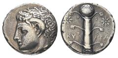 GRIECHISCHE MÜNZEN CYRENAICA KYRENE. AR-Didrachme, 308/277 v. Chr.; 7,58 g. Karneiuskopf l.//Silphium. SNG Cop. 1237. Feine Patina, sehr schön Erworben vor 2002 vom Münzkabinett Funk, Neukeferloh. Der