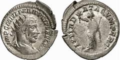 RÖMISCHE MÜNZEN (ROMAN COINS) MÜNZEN DER RÖMISCHEN KAISERZEIT Philippus I., 244-249. AR-Antoninian, 244/245, Antiochia; 3.29 g. Drapierte Büste r. mit Strahlenbinde//PAX FVND-ATA CVM PERSIS Pax steht 