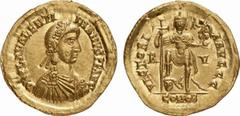 RÖMISCHE MÜNZEN (ROMAN COINS) MÜNZEN DER RÖMISCHEN KAISERZEIT Valentinianus III., 425-455. AV-Solidus, 426/430, Ravenna; 4.42 g. Drapierte Büste r. mit Rosettendiadem//Kaiser steht v. v. mit Langkreuz