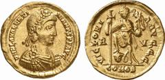 RÖMISCHE MÜNZEN (ROMAN COINS) MÜNZEN DER RÖMISCHEN KAISERZEIT Valentinianus III., 425-455. AV-Solidus, 426/430, Ravenna; 4.43 g. Drapierte Büste r. mit Rosettendiadem//Kaiser steht v. v. mit Kreuz und