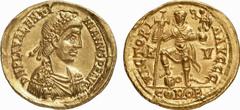 RÖMISCHE MÜNZEN (ROMAN COINS) MÜNZEN DER RÖMISCHEN KAISERZEIT Valentinianus III., 425-455. AV-Solidus, 430/445, Ravenna; 4.33 g. Drapierte Büste r. mit Rosettendiadem//Kaiser steht v. v. mit Langkreuz